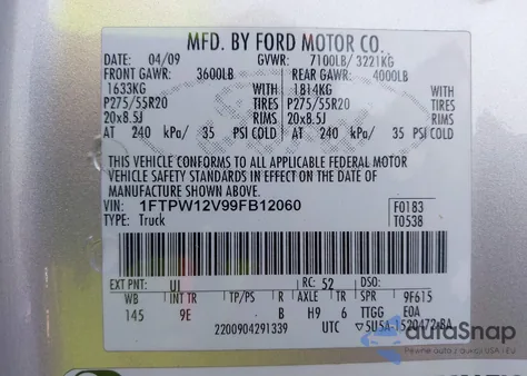 2009 Ford F-150 King Ranch/Lariat/Platinum/Xl/Xlt z USA, uszkodzony, nr VIN 1FTPW12V99FB12060